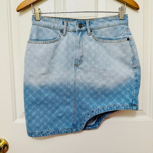 DAILY PAPER ZELA MONOGRAM ASYMMETRICAL MID BLUE OMBRE MINI DENIM JEAN SKIRT - Picture 1 of 6